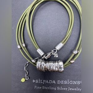 Silpada Sterling Modernist Electro-formed Pendant Olive Leather Necklace